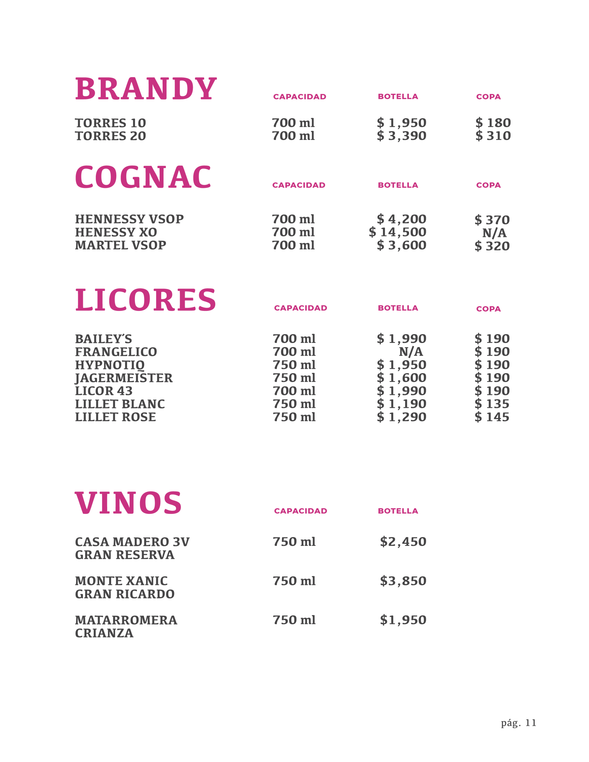 Carta de brandy, cognac, licores y vinos de Maricarmen