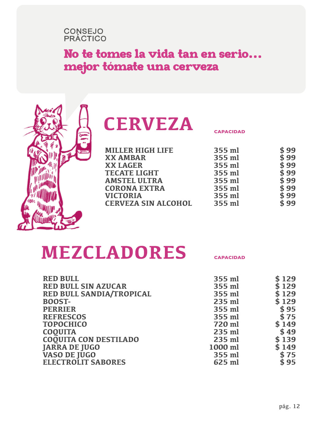 Menú de cervezas y mezcladores de Maricarmen