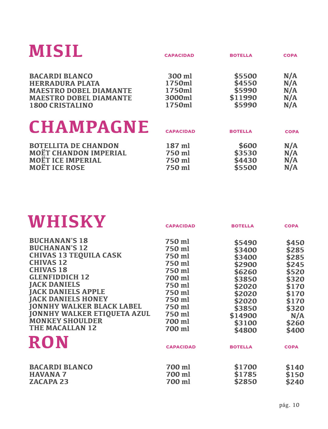 Carta de botellas de Maricarmen: whisky, champagne y ron