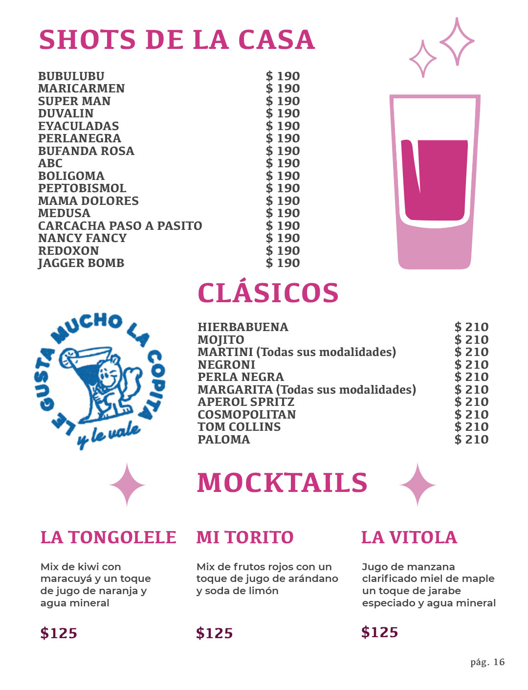 Menú de shots de la casa, cócteles clásicos y mocktails de Maricarmen