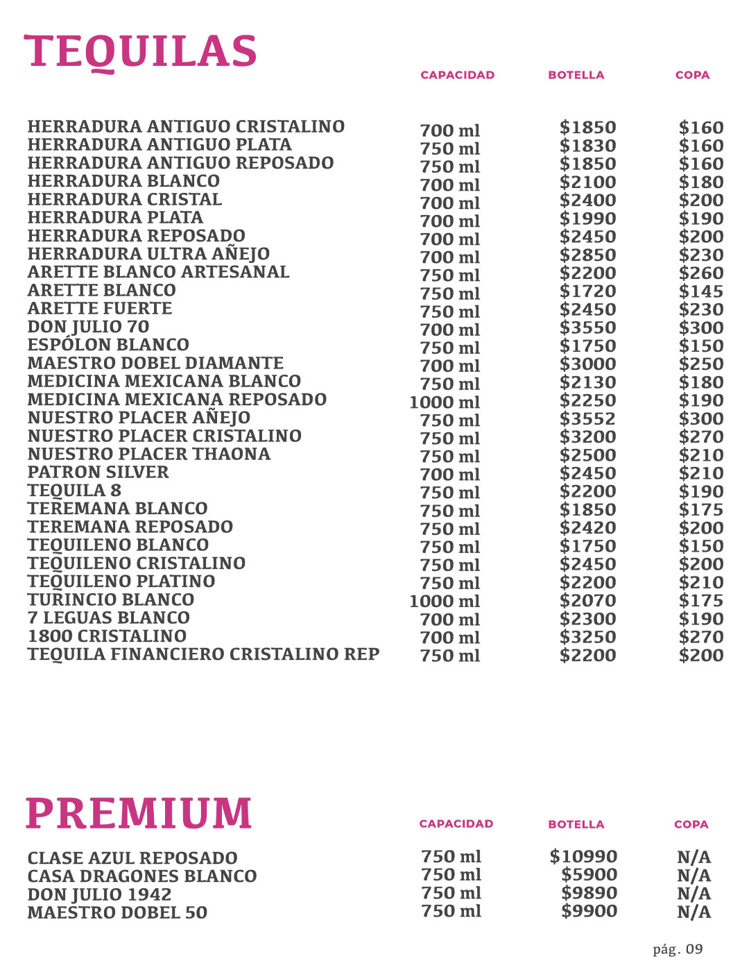 Carta de tequilas de Maricarmen, incluyendo selección premium