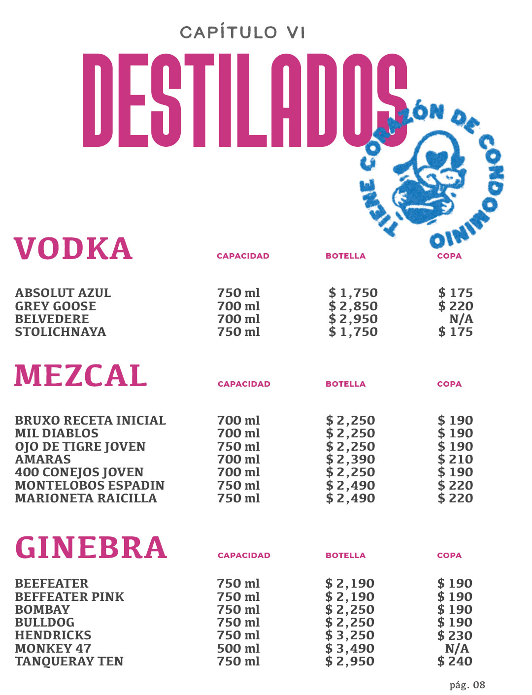 Menú de destilados de Maricarmen: vodka, mezcal y ginebra